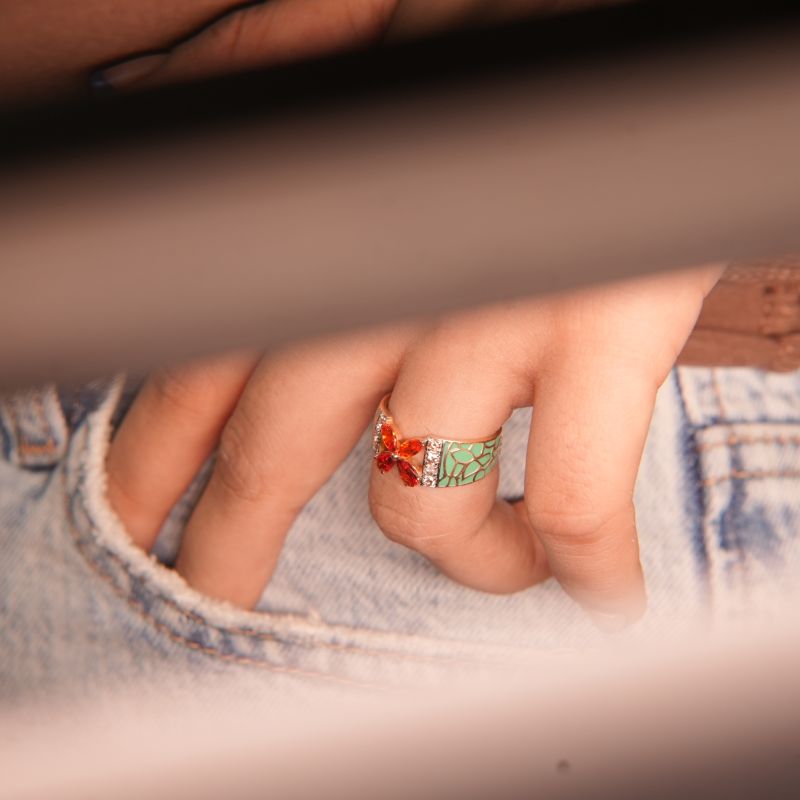 Green Enamel Garnet and Diamond Gold Ring