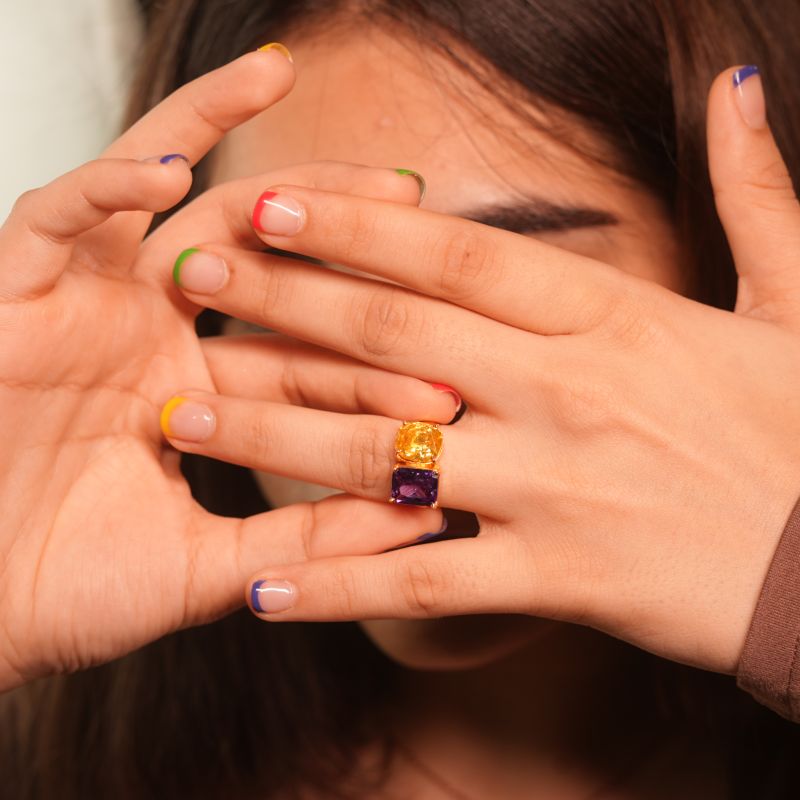 Citrine And Amethyst Stone Gold Ring