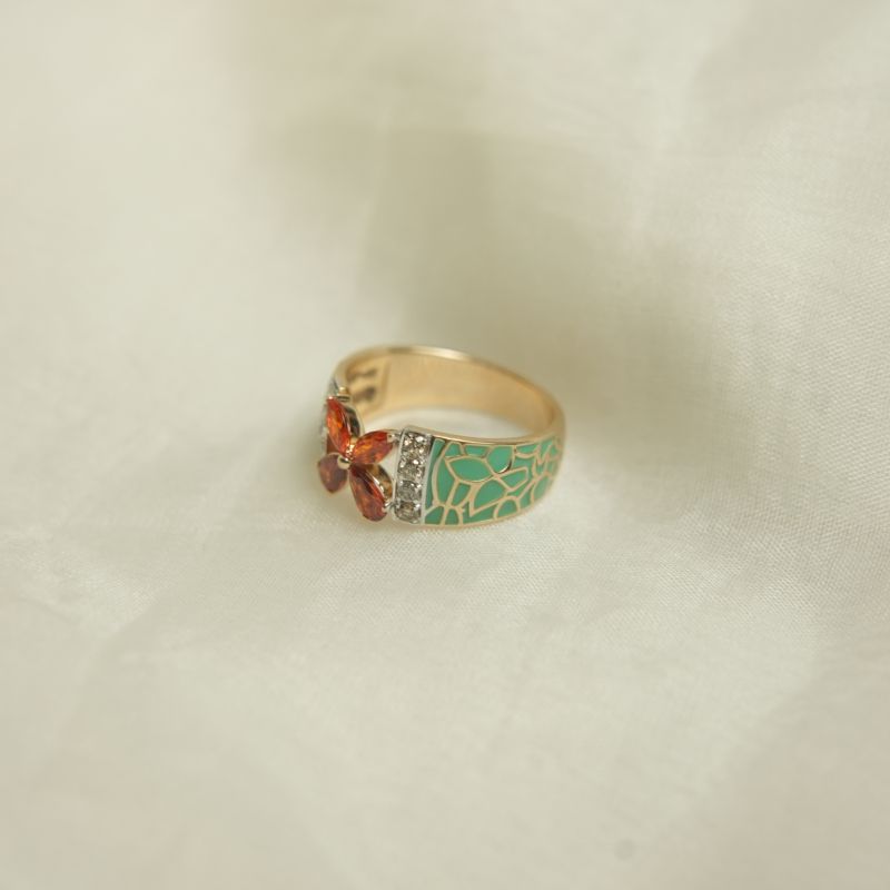 Green Enamel Garnet and Diamond Gold Ring