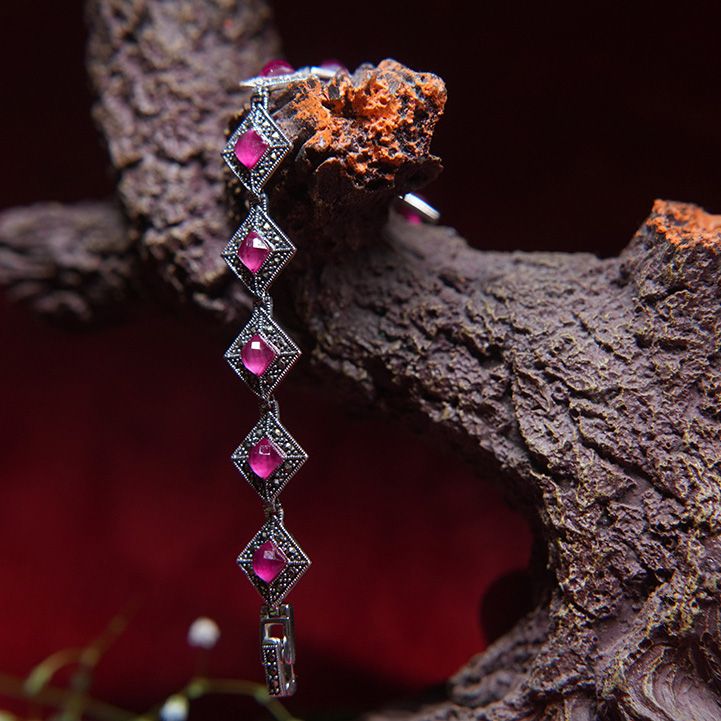 Antique Silver Loose Bracelet With Ruby Accents