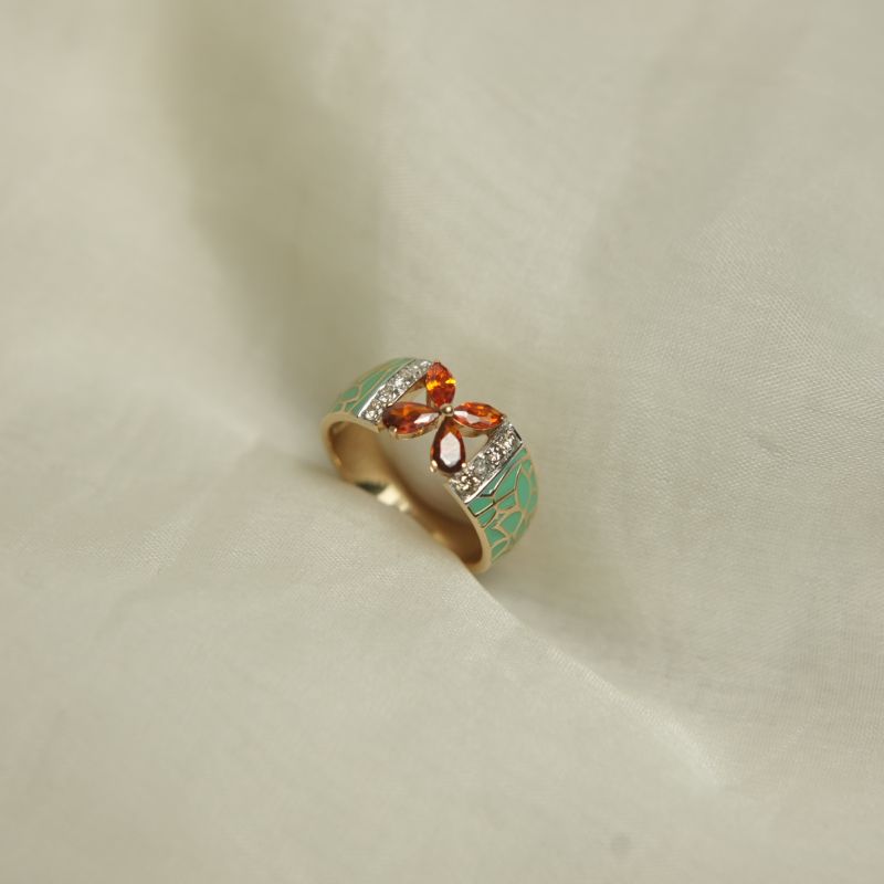 Green Enamel Garnet and Diamond Gold Ring