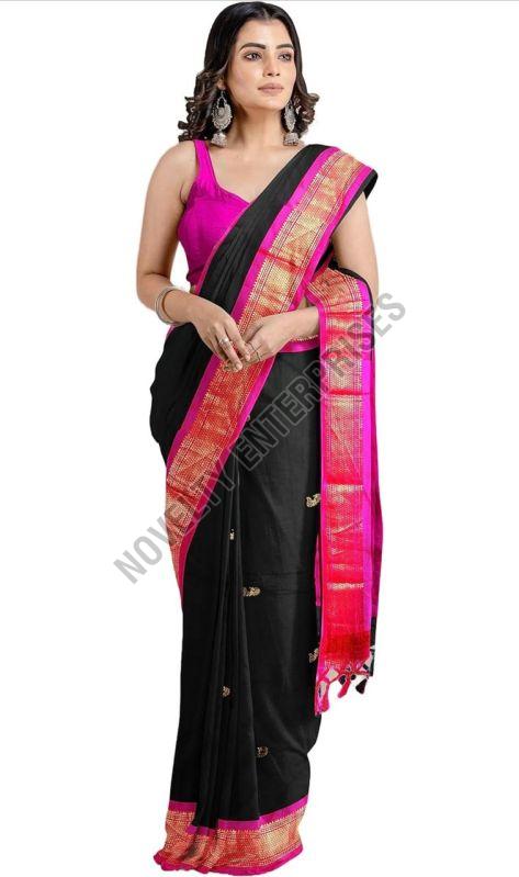 Black & Pink Cotton Silk Saree