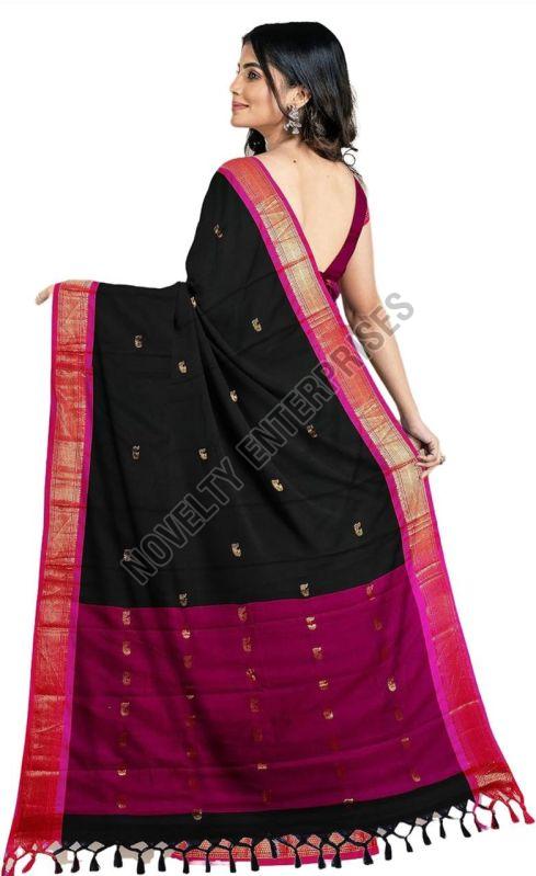 Black & Pink Cotton Silk Saree