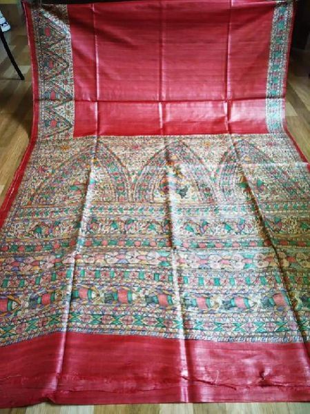 Pure Ghicha Tussar Hand Painted Madhubani Handloom Saree With Blouse