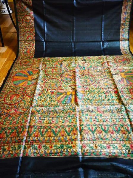 Pure Ghicha Tussar Hand Painted Madhubani Handloom Saree With Blouse