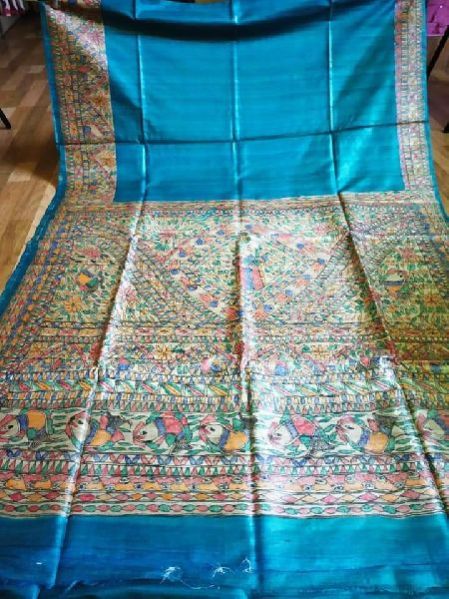 Pure Ghicha Tussar Hand Painted Madhubani Handloom Saree With Blouse