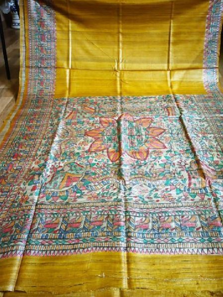 Pure Ghicha Tussar Hand Painted Madhubani Handloom Saree With Blouse