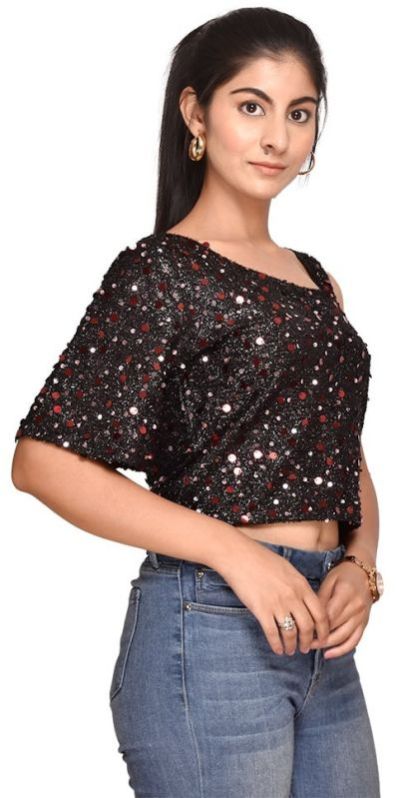 Sequins Short Crop Top With Stylish Sleeves For Women