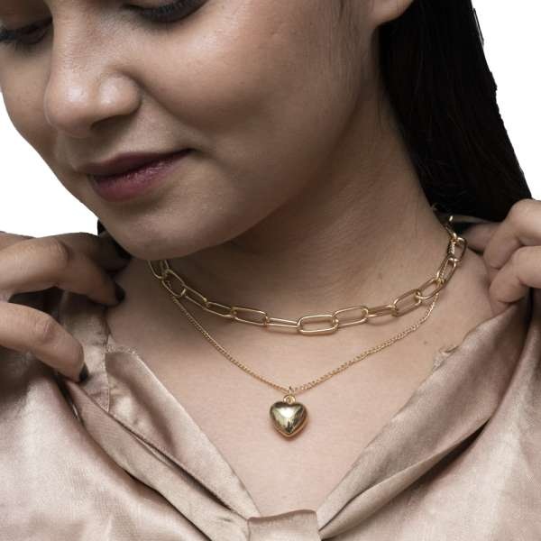 Golden Heart Shape Double Chain Necklace For Woman