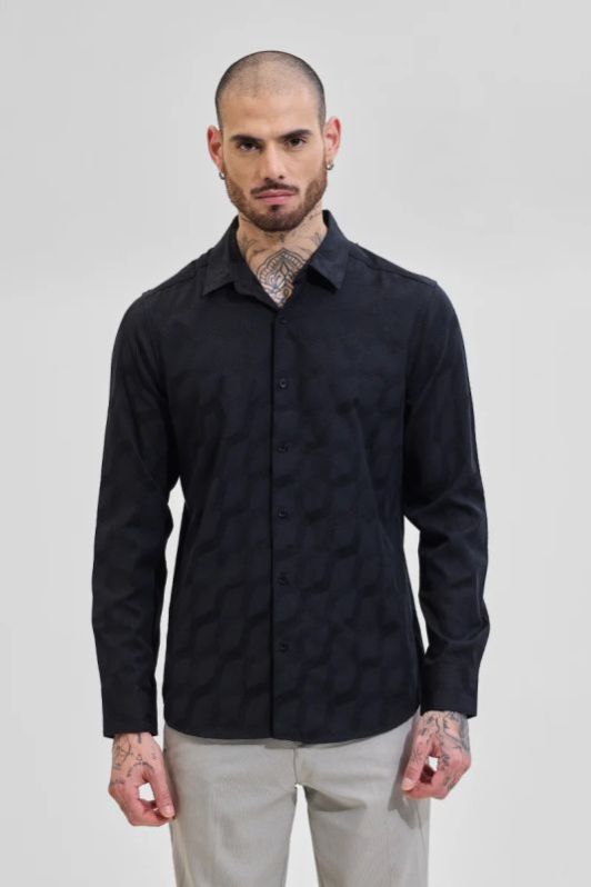 Black Self-design Mens Slim Fit Shirts