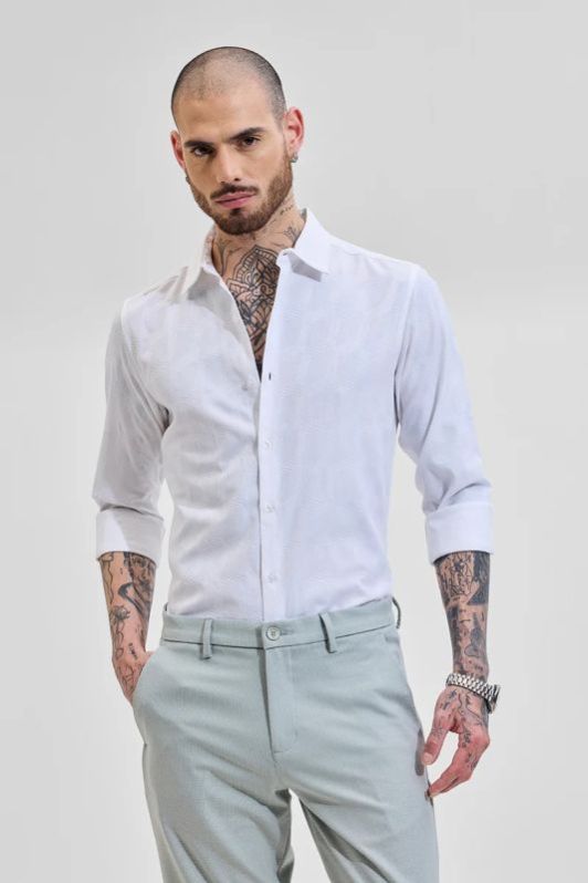 White Self-design Mens Slim Fit Shirts