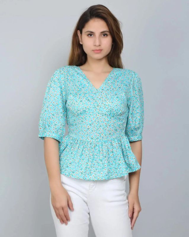 Aqua Blue Floral Ruffle Women Top