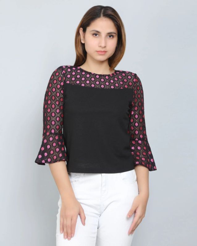 Black &AMP;AMP; Pink Colorblocked Lace Women Top