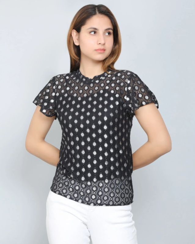 Black &AMP;AMP; Silver Self Design Lace Women Top