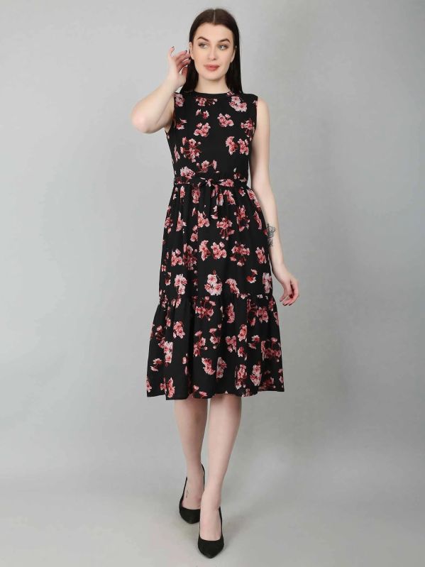 Black Floral Tiered Belted Women Dress