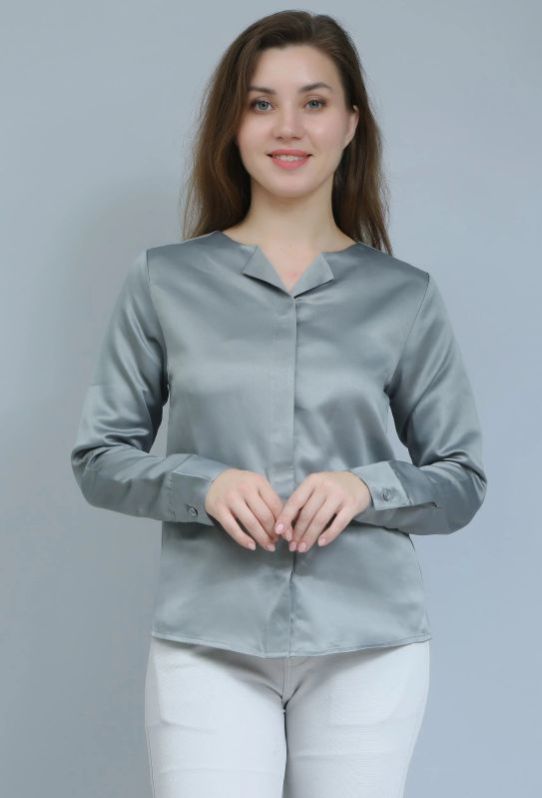 Grey Satin Formal Women Shirt