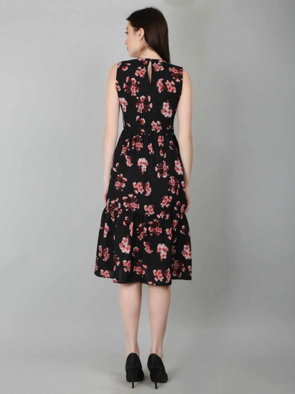 Black Floral Tiered Belted Women Dress