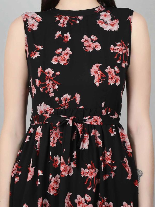 Black Floral Tiered Belted Women Dress