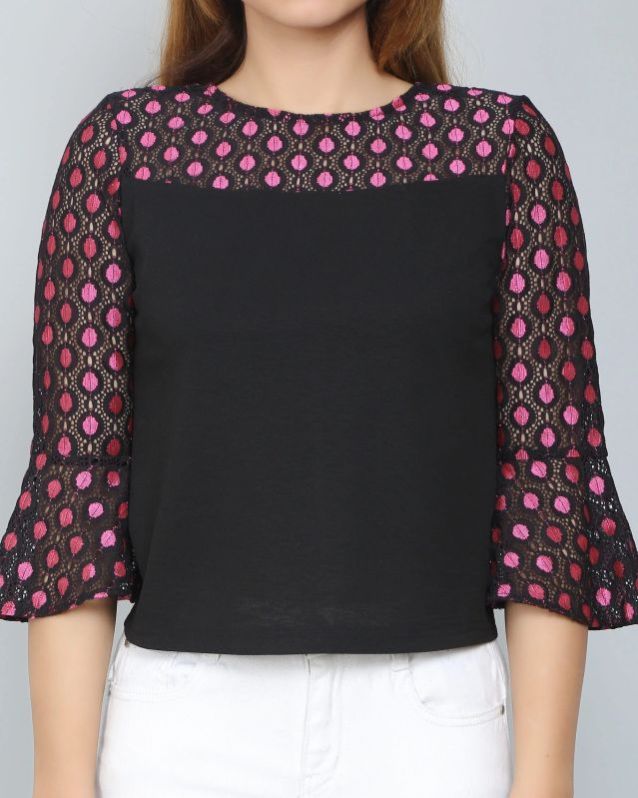 Black &AMP;AMP; Pink Colorblocked Lace Women Top