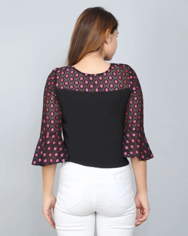 Black &AMP;AMP; Pink Colorblocked Lace Women Top