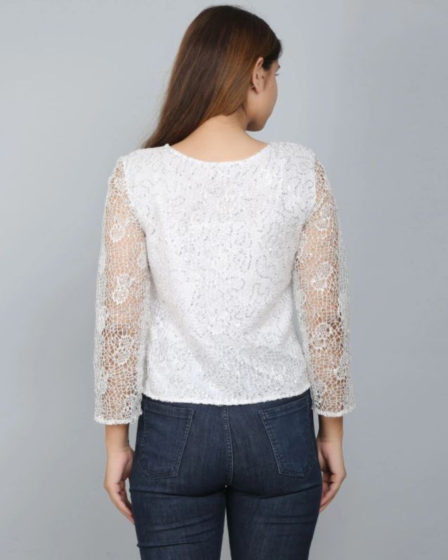 White Sequin Embellished Lace Women Top