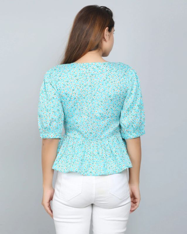 Aqua Blue Floral Ruffle Women Top