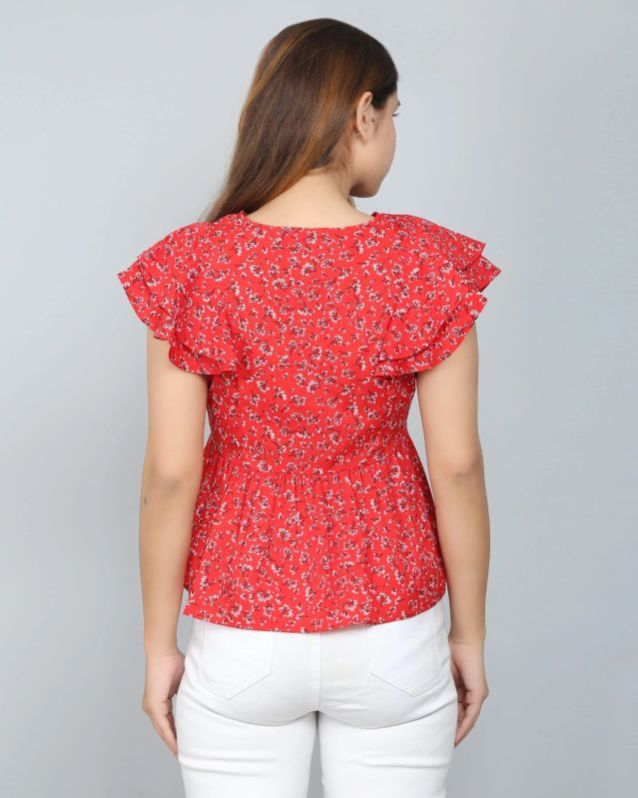 Red Floral Ruffle Women Top