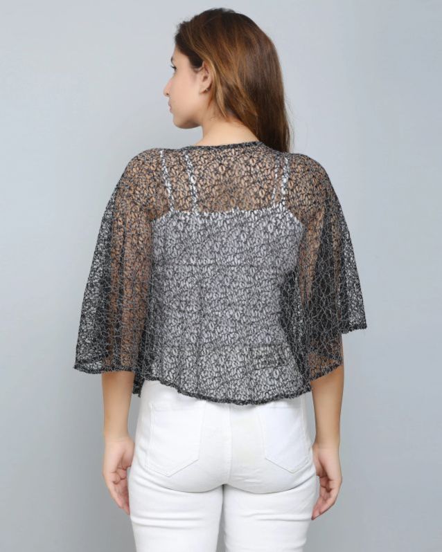 Black Self Design Lace Poncho For Women