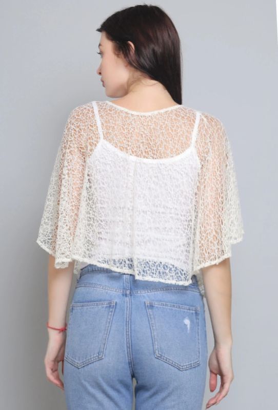 Off White Self Design Lace Poncho For Women