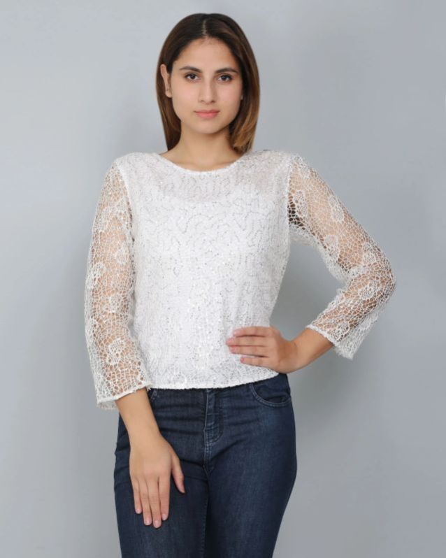 White Sequin Embellished Lace Women Top