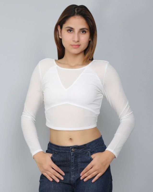 White Sheer Mesh Crop Women Top