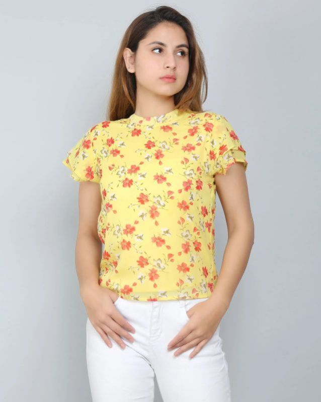 Yellow Floral Ruffle Women Top