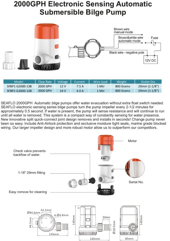 Automatic Submersible Boat Bilge Water Pump 12v DC 2000gph