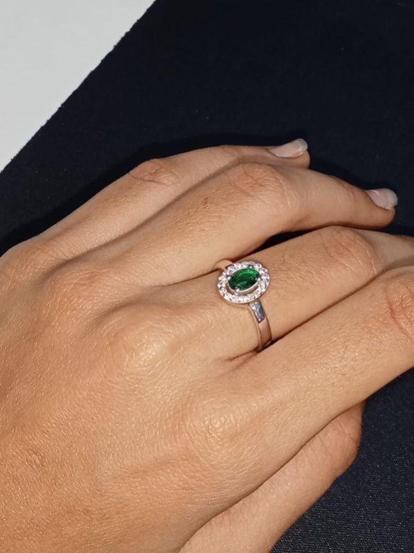 925 Silver Oval Emerald Halo Ring