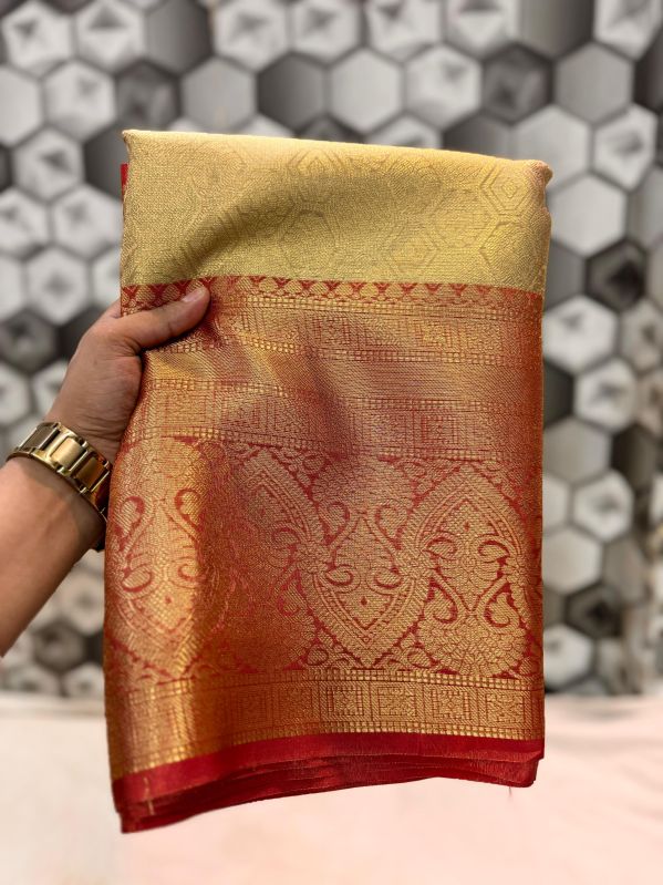 Golden Banarasi Silk Saree With Rich Red Zari Border