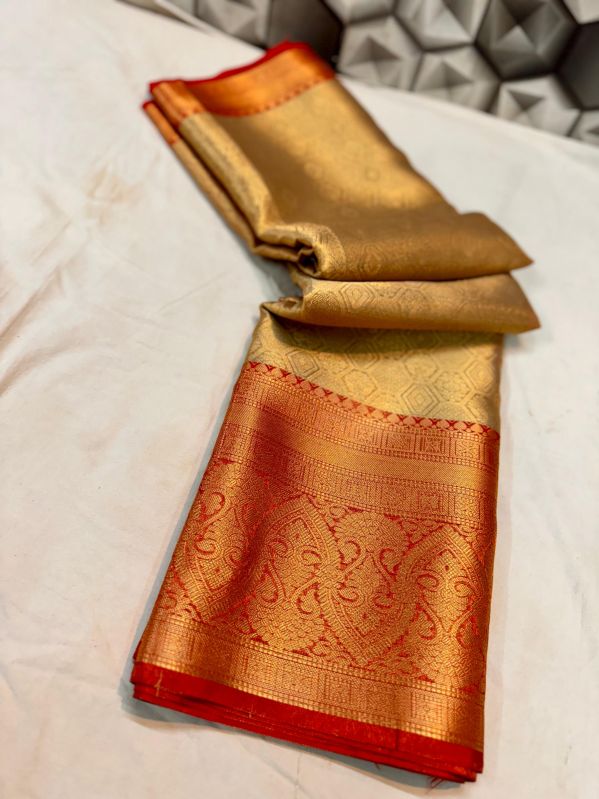 Golden Banarasi Silk Saree With Rich Red Zari Border