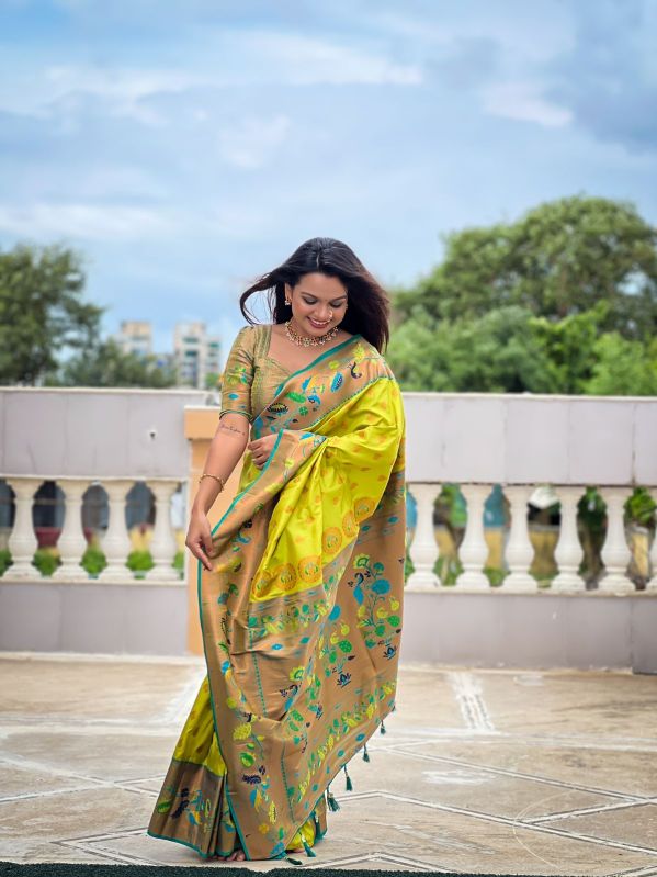 Marigold Paithani Soft Silk Saree