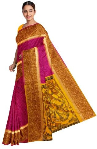 Ksr Handlooms Magenta and Yellow Gadwal Printed Saree