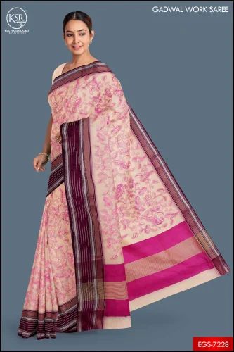 Ksr Handlooms Pink Border Gadwal Work Printed Saree