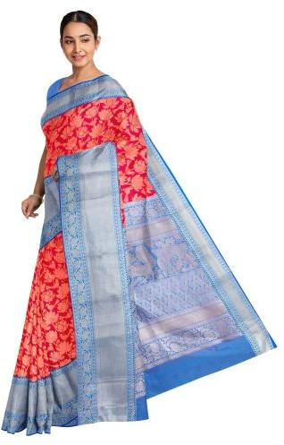 Ksr Handlooms Red and Blue Muga Gadwal Printed Saree