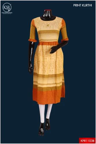 Ksr Handlooms Yellow and Orange Cotton Printed Kurti