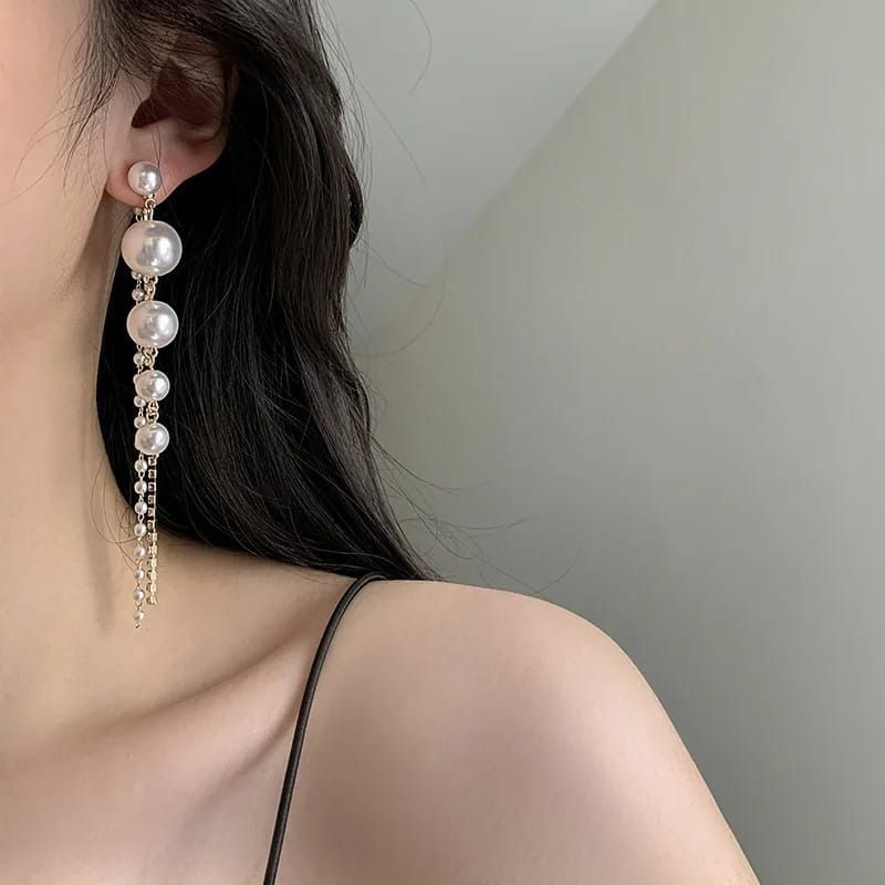 JJK12 Ladies Long Tassel Pearl Stone Earrings