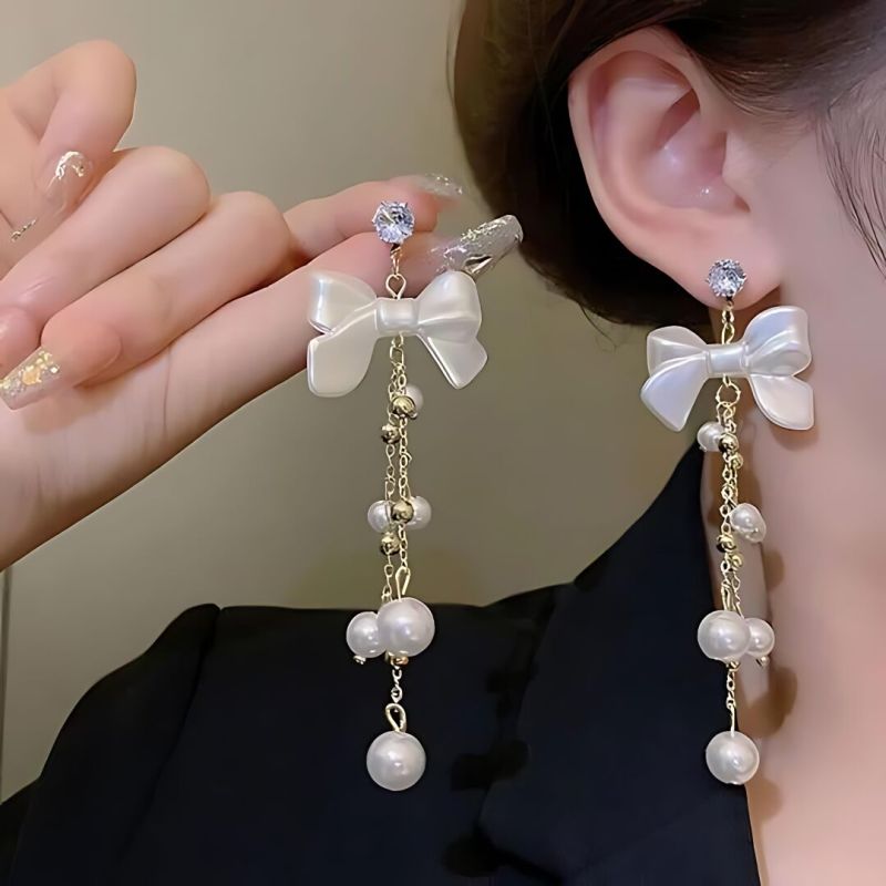 JJK57 Ladies Bow Pearl Tassels Earrings