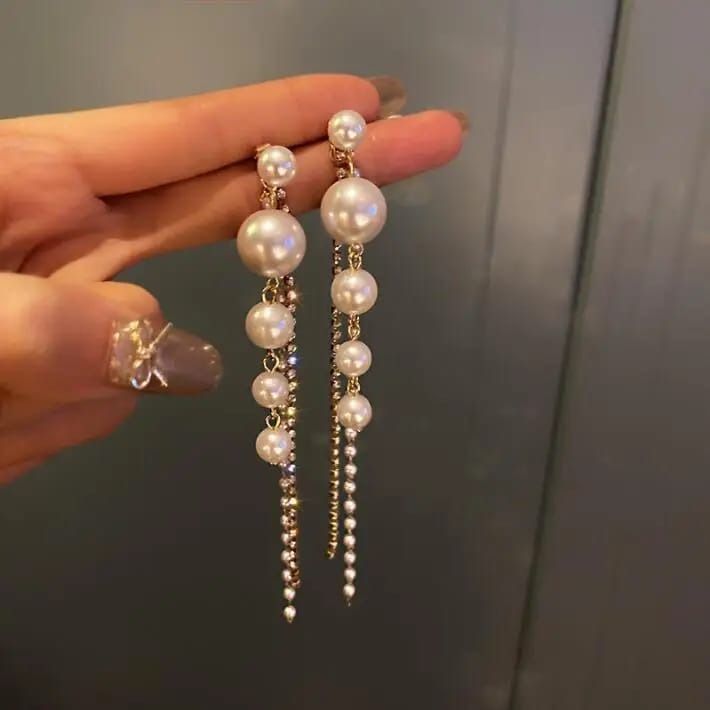 JJK12 Ladies Long Tassel Pearl Stone Earrings