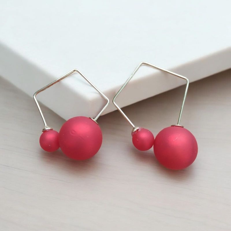 JJK40 Ladies Hexa Shape Red Pearl Drop Earrings