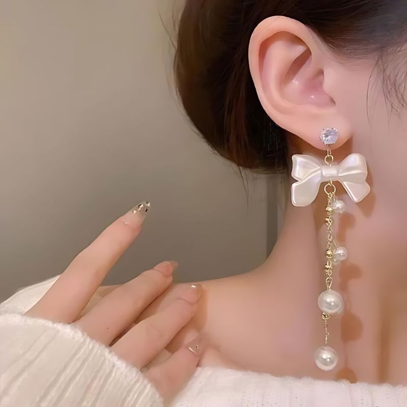 JJK57 Ladies Bow Pearl Tassels Earrings