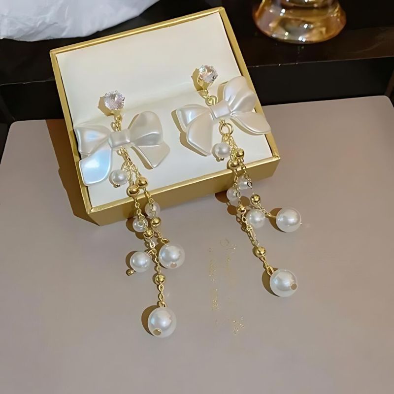 JJK57 Ladies Bow Pearl Tassels Earrings