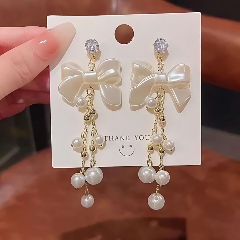 JJK57 Ladies Bow Pearl Tassels Earrings