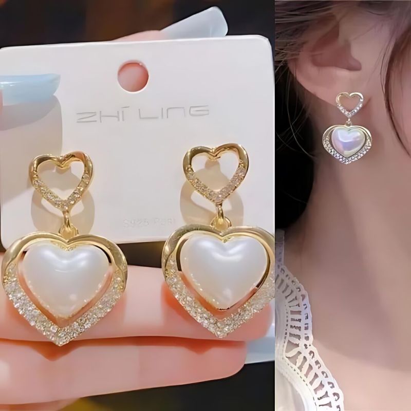 JJK60 Ladies Gold Plated Heart Shape Pearl Drop Earrings