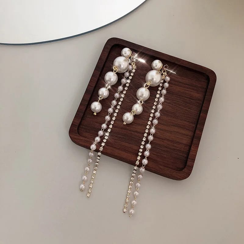 JJK12 Ladies Long Tassel Pearl Stone Earrings